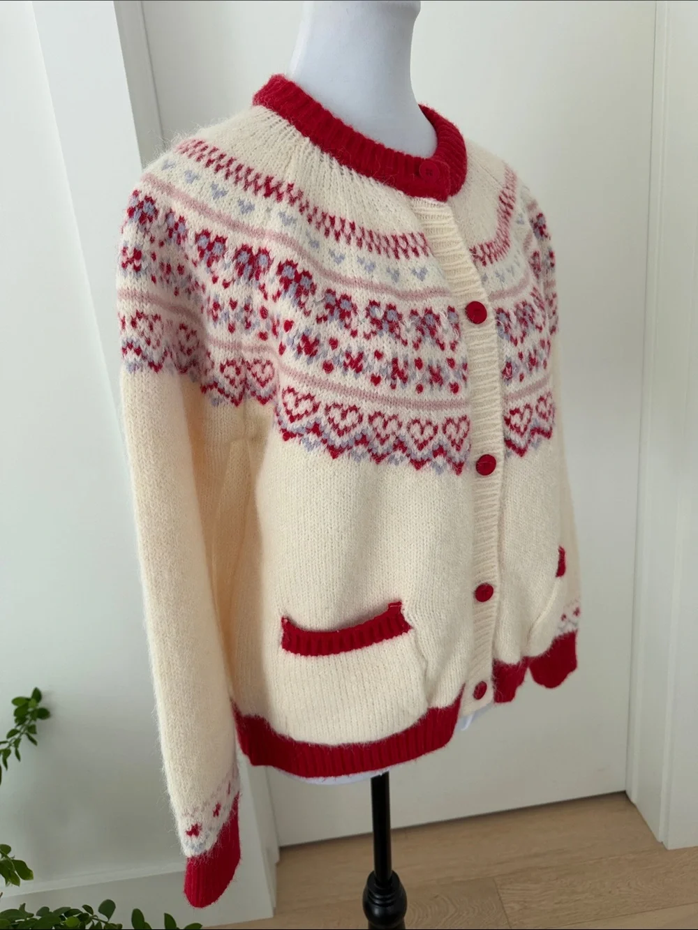 FAIR ISLE  Hearts Bows Cardigan Sweater Fuzzy Soft Cozy Pockets Nordic Soft Girl - Picture 5 of 17